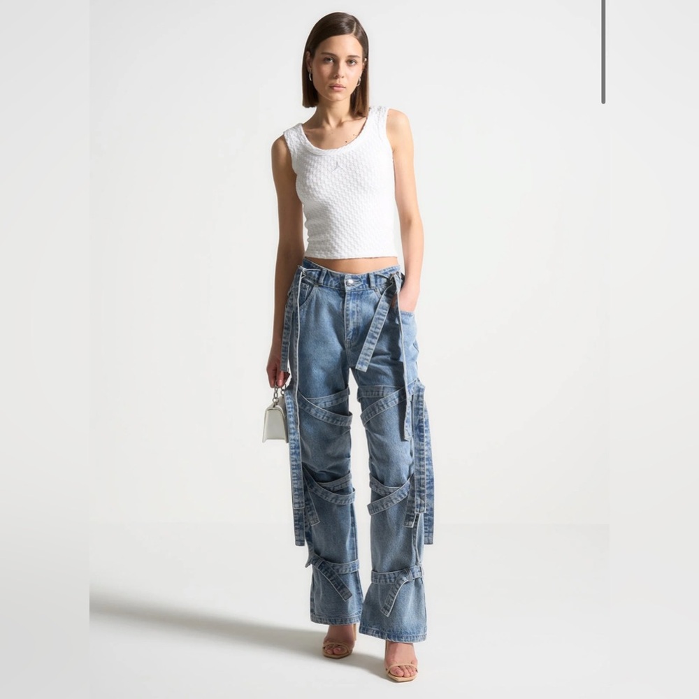 Maniere De Voir Denim Strap Cargo Jeans